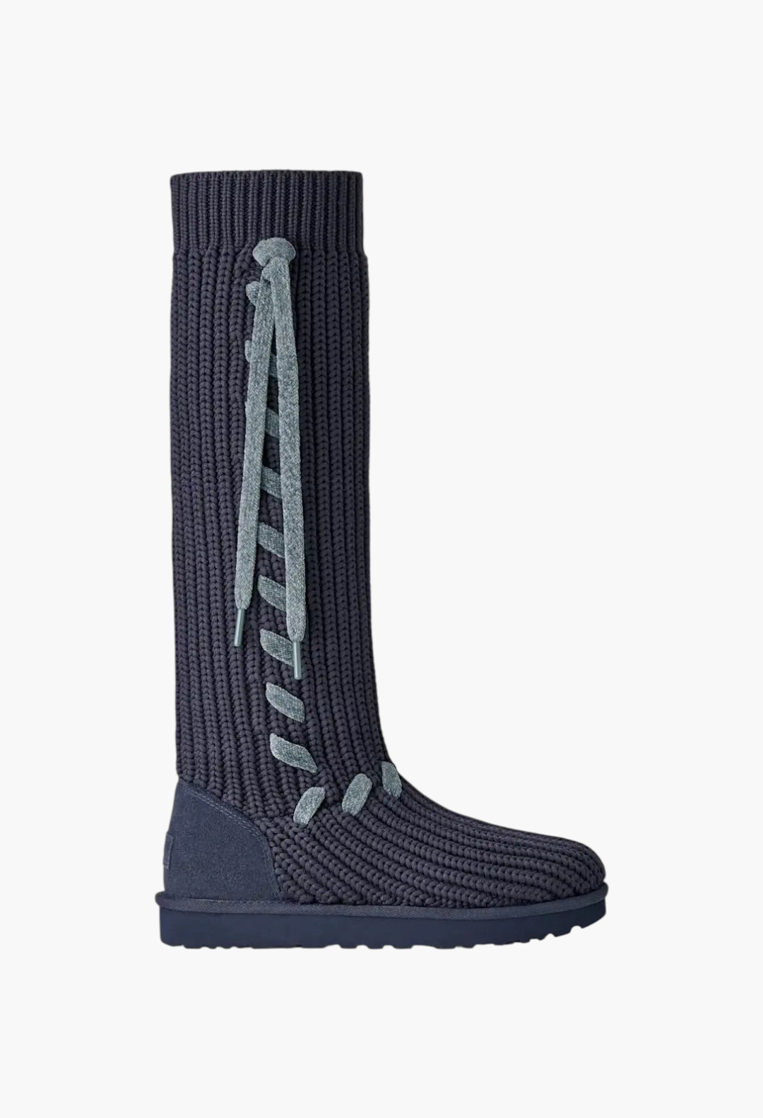 GLAM MODA tall dark grey knit boot with oversized whipstitch detailing and decorative lace ties on a suede heel.