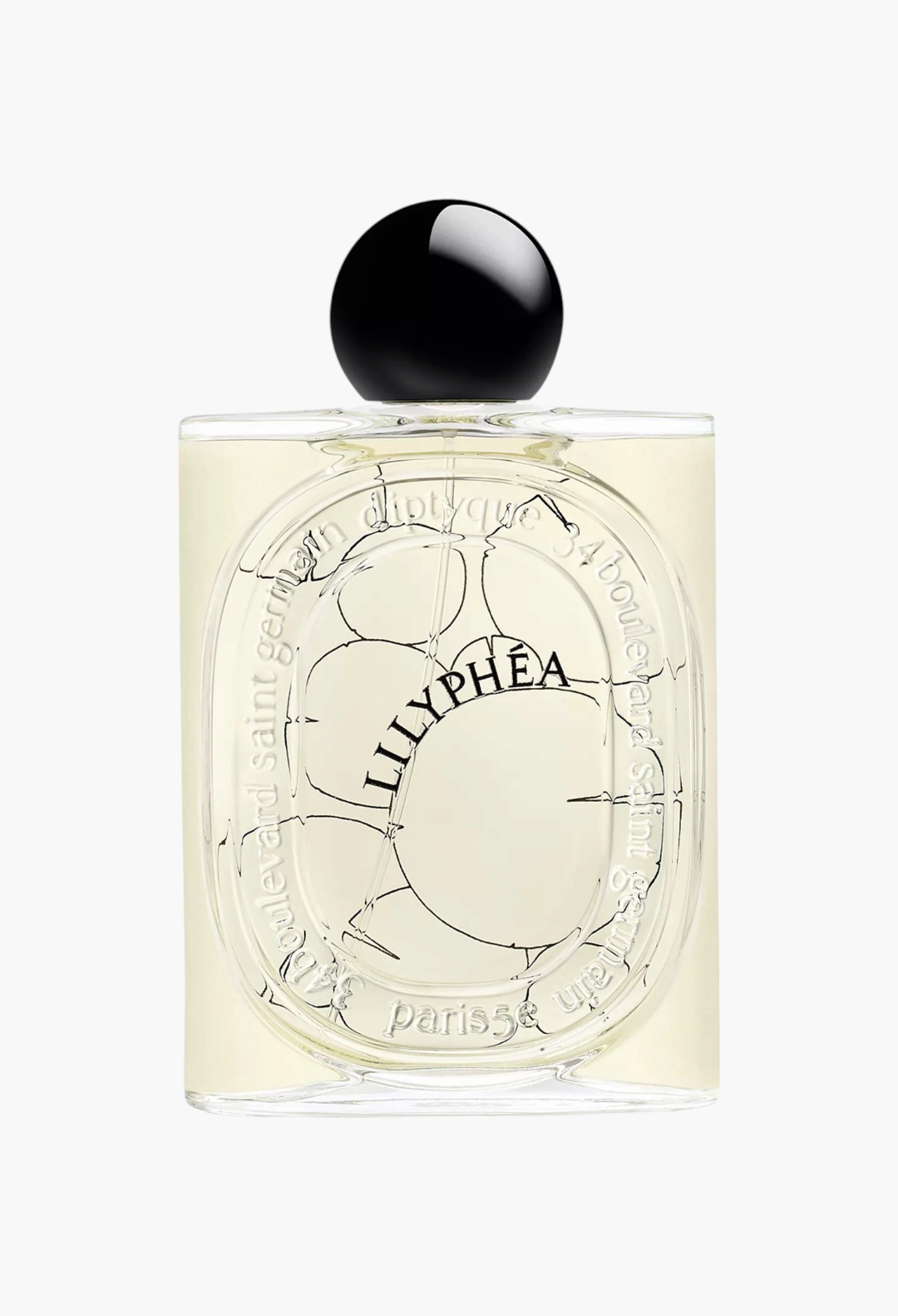 GLAM MODA Lilyphéa Eau de Parfum in a clear glass bottle with a black cap and water lily illustration on the label.