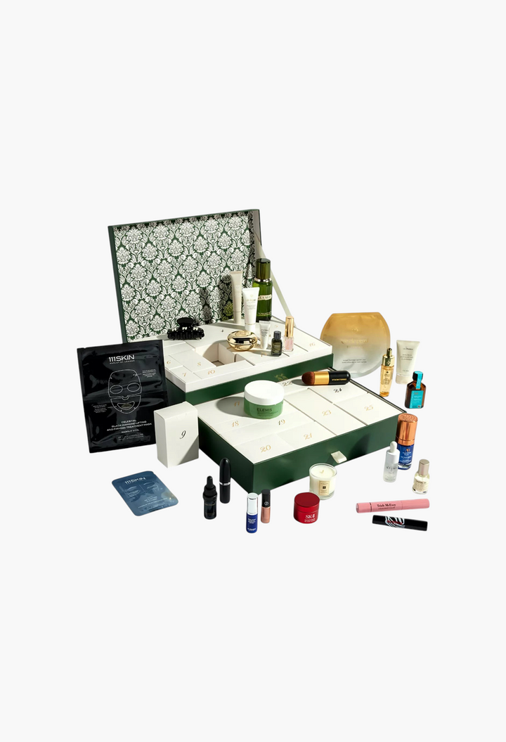 GLAM MODA 25 Days of Luxury Beauty Advent Calendar featuring 27 premium skincare, makeup, and fragrance products.