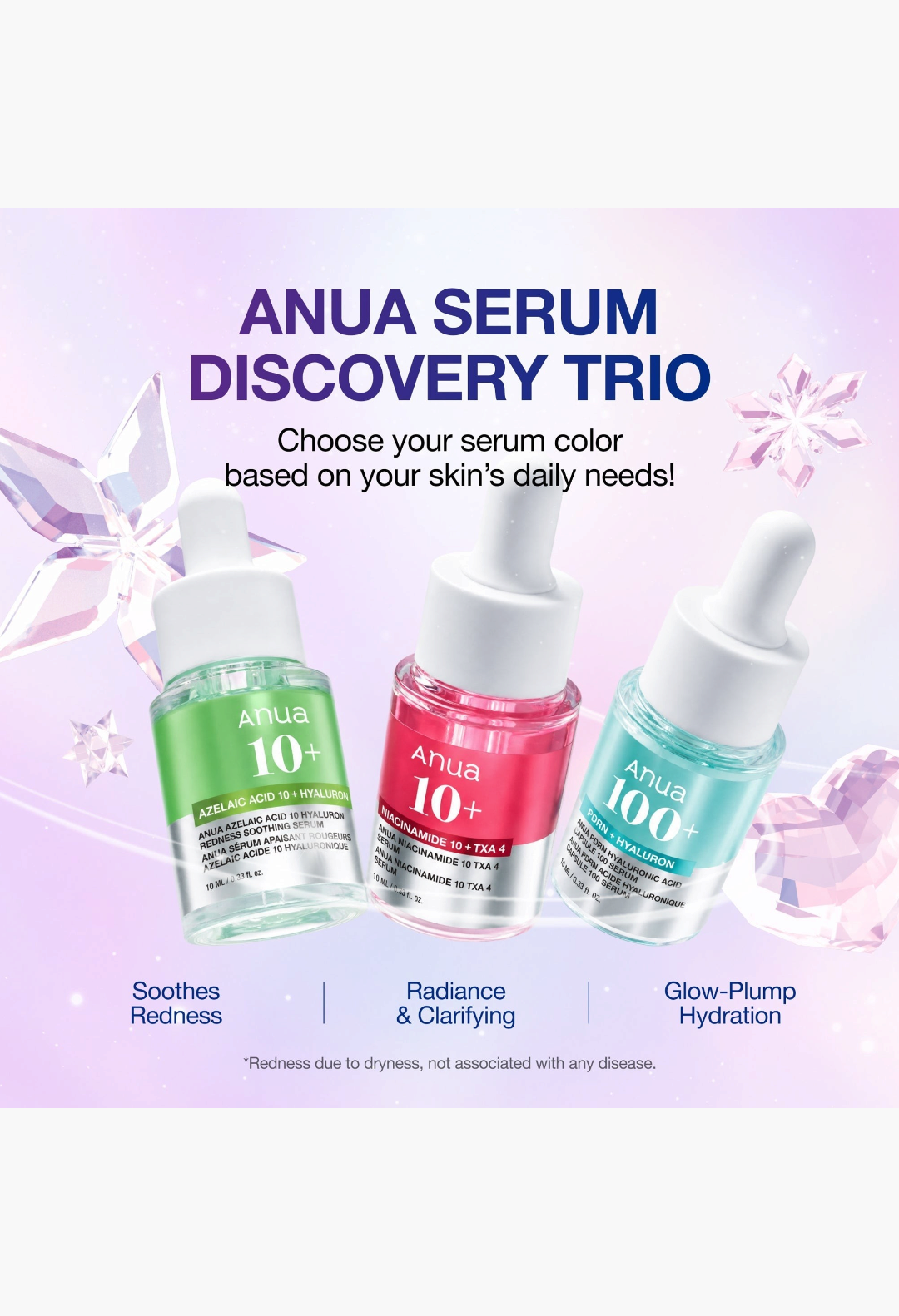 GLAM MODA Anua Serum Discovery Trio featuring three 10ml serums for soothing, radiance, and hydration.