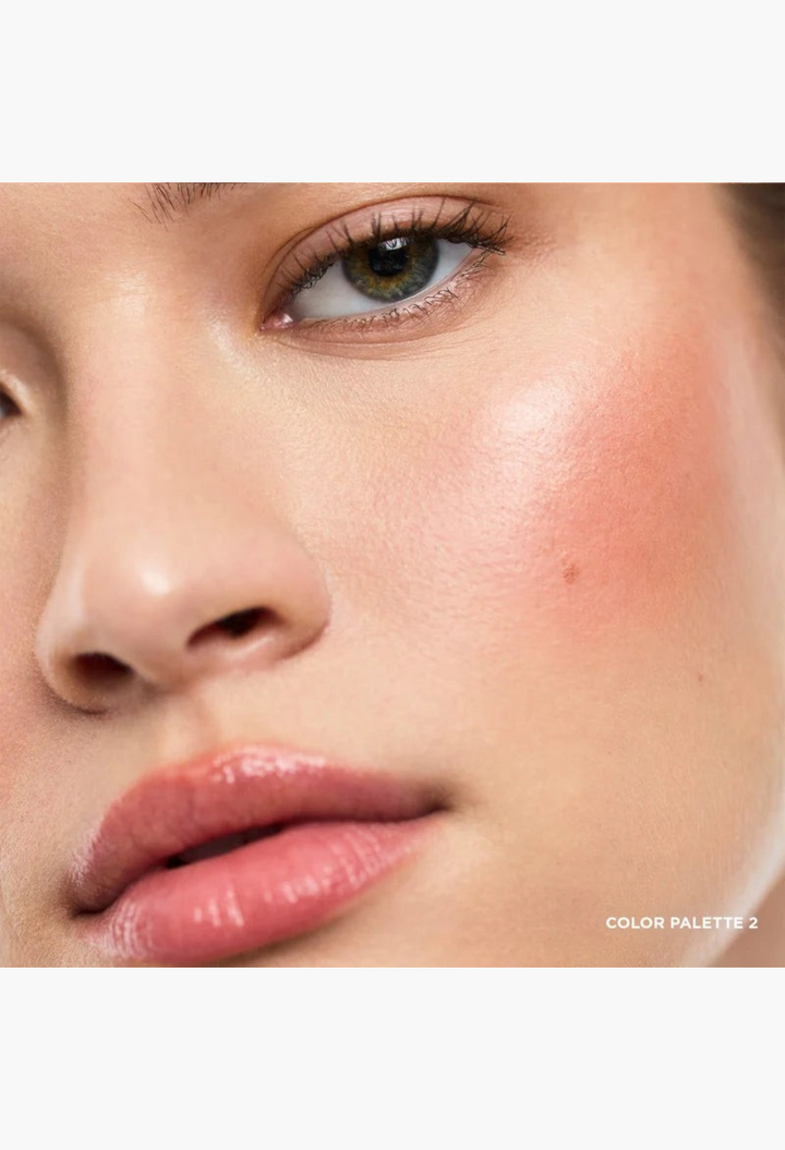 GLAM MODA model wearing Ambient Lighting Edit Unlocked Color Palette 2 with soft rose and bronze makeup finish