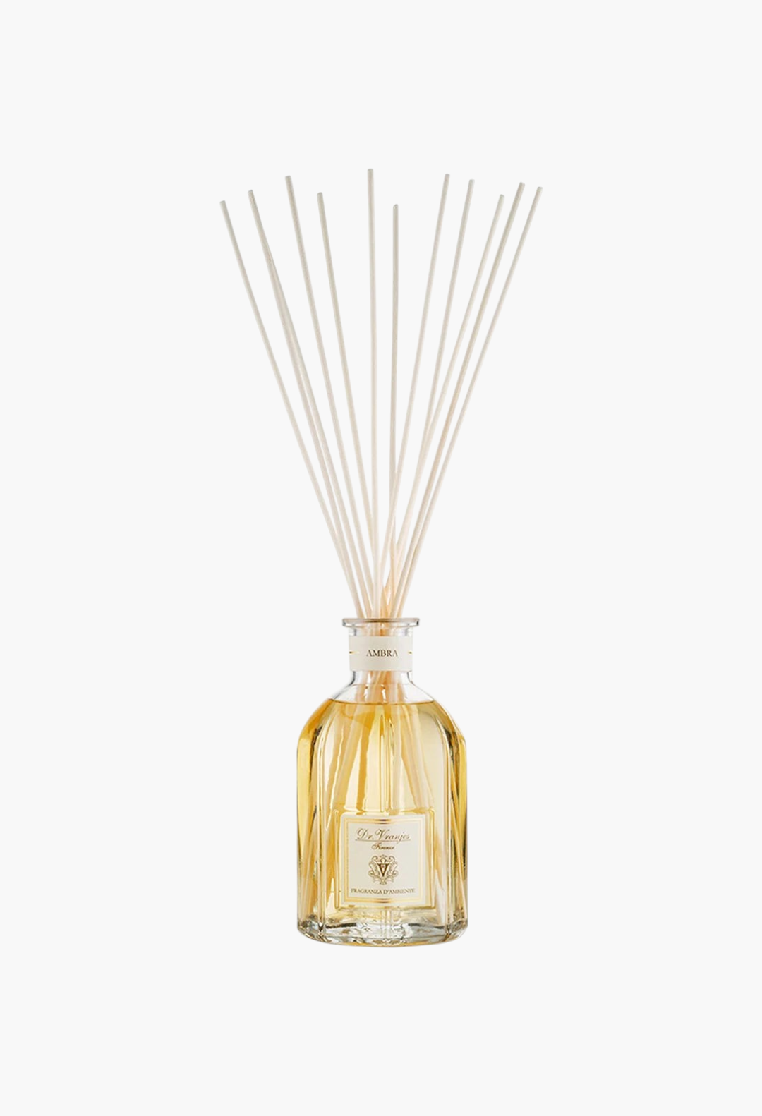 GLAM MODA Dr. Vranjes Ambra reed diffuser in a clear glass bottle with amber fragrance oil and wooden sticks.