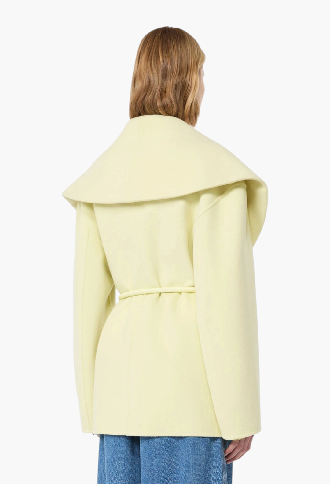 GLAM MODA pale yellow virgin wool double fabric jacket with a wide shawl collar and belted waist, back view.