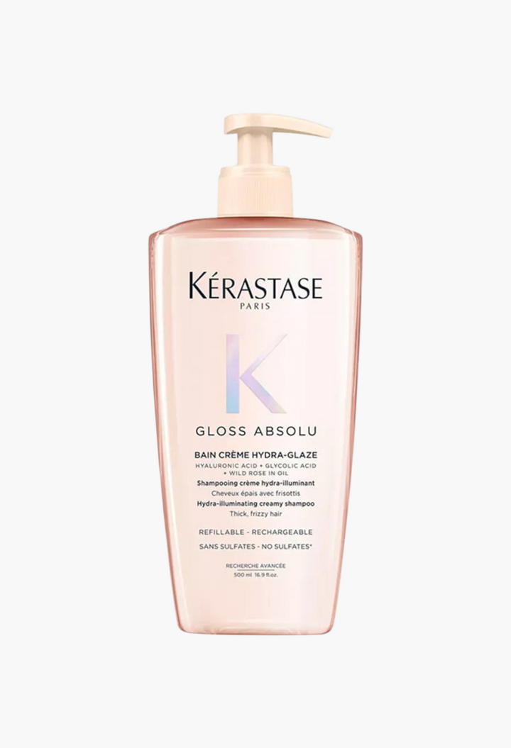 GLAM MODA Kérastase Gloss Absolu Hydra-Glaze refillable shampoo bottle for thick and frizzy hair in pale pink
