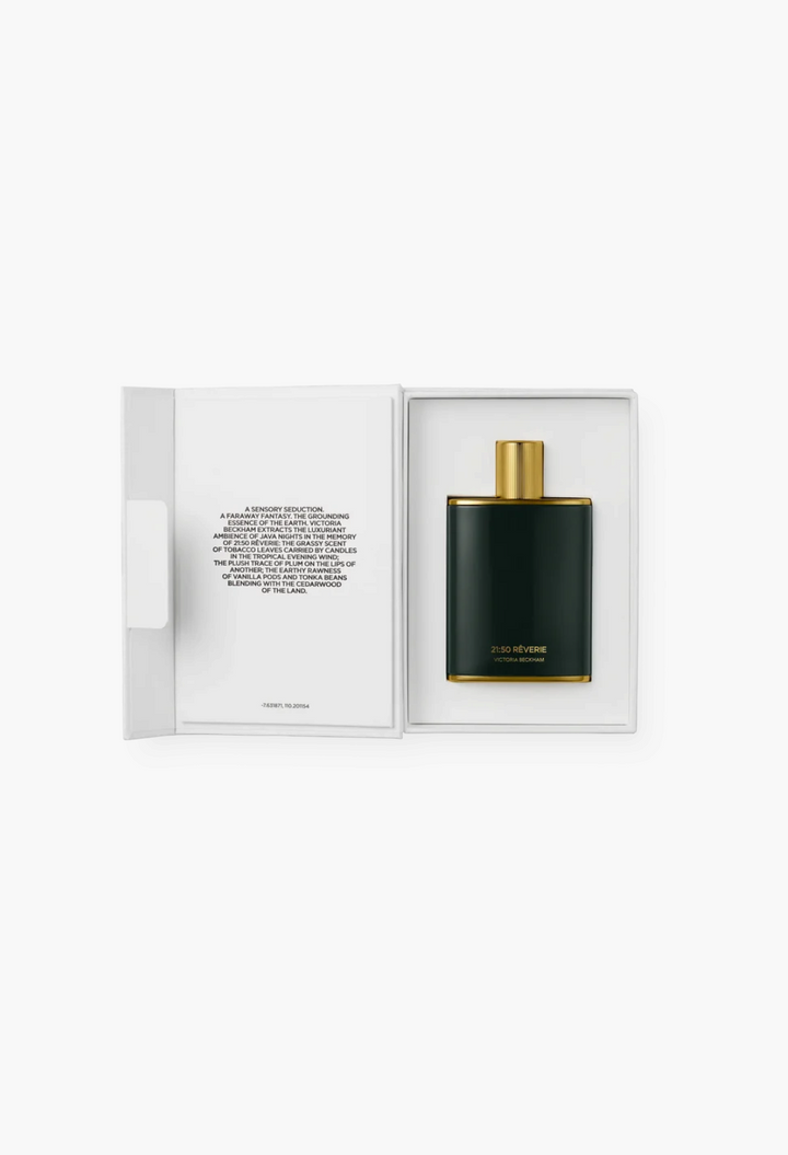 GLAM MODA 21:50 Rêverie Eau de Parfum in a dark green bottle with gold cap, presented in an open white gift box.