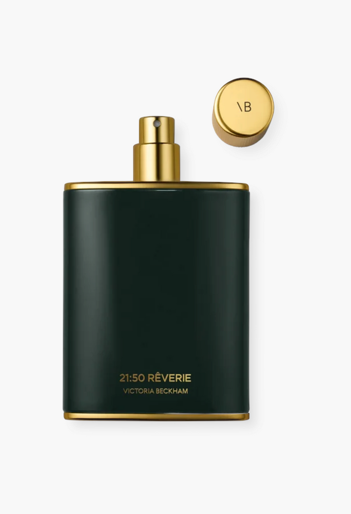 GLAM MODA 21:50 Rêverie Eau de Parfum in a dark green bottle with gold accents and a matching cap.