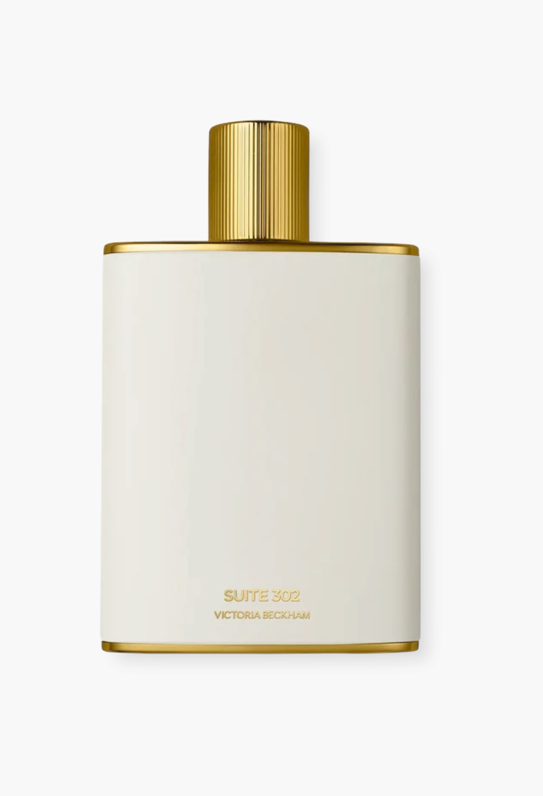 GLAM MODA Suite 302 Eau de Parfum in a sleek white enamel bottle with a gold cap, featuring woody and amber notes.