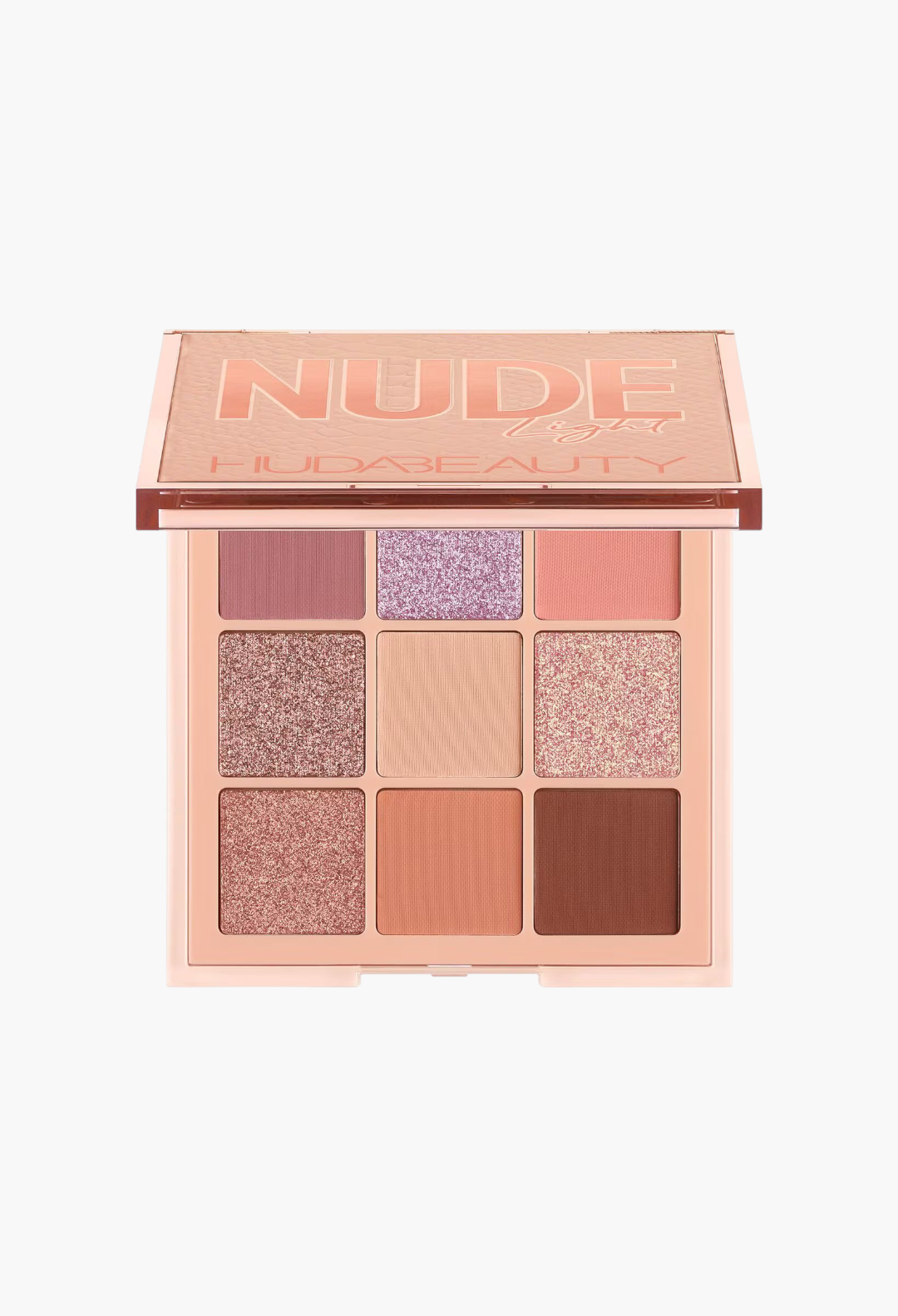 GLAM MODA Nude Light eyeshadow palette featuring nine shades of matte and shimmer pink, mauve, and brown tones.