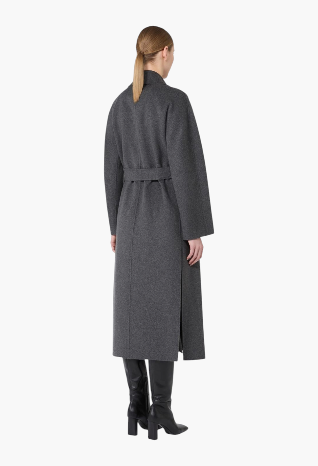 GLAM MODA long grey wool wrap coat with a belted waist and side slits, worn by a model from the back view.