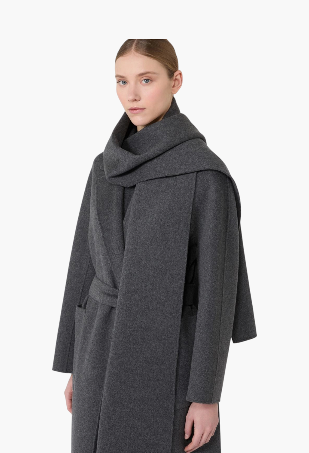 GLAM MODA long grey wool wrap coat with matching scarf, kimono sleeves, and belt in a straight-cut regular fit.