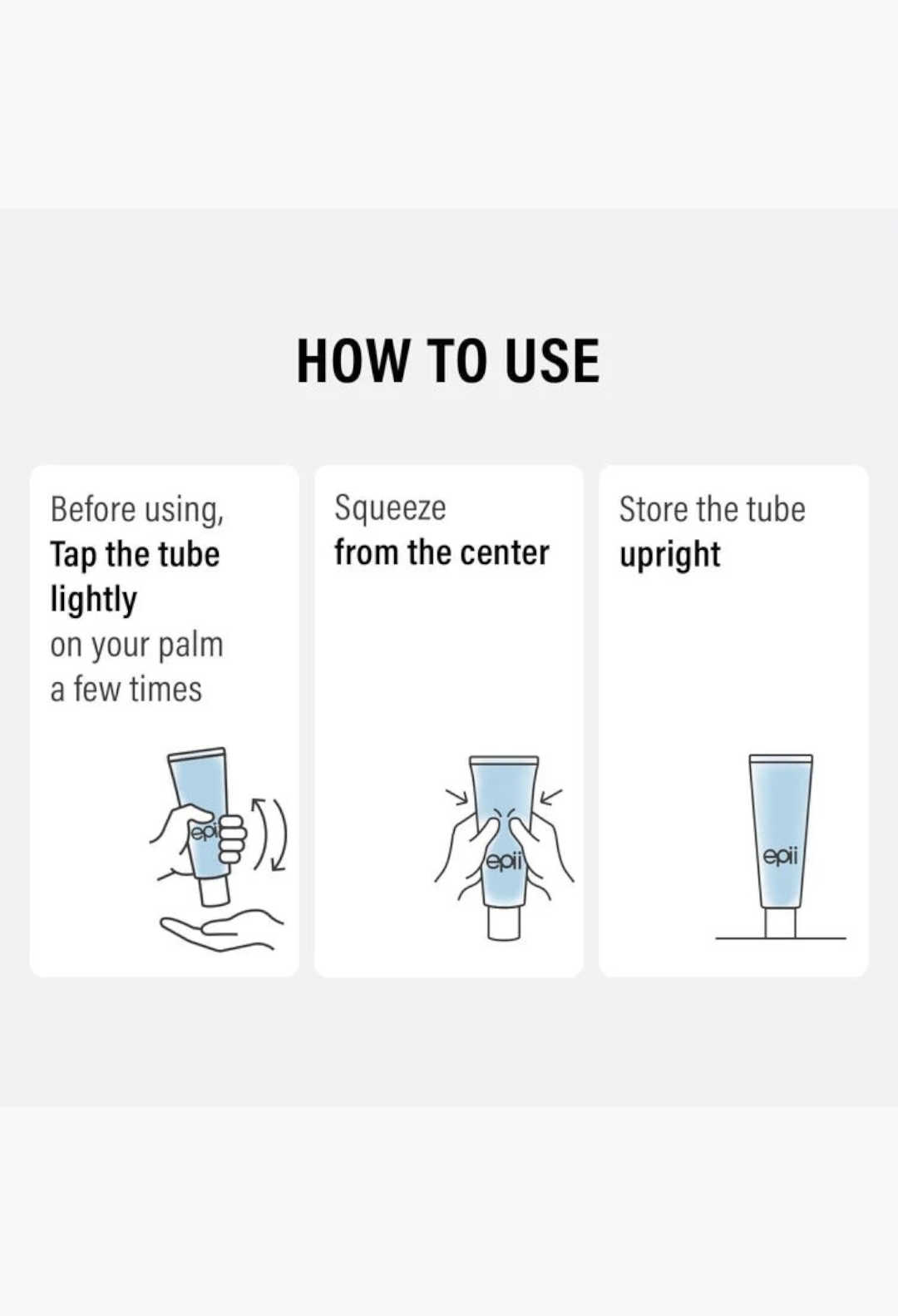 GLAM MODA instructional graphic showing how to use Epii Double Up Cream by tapping, squeezing, and storing the tube.