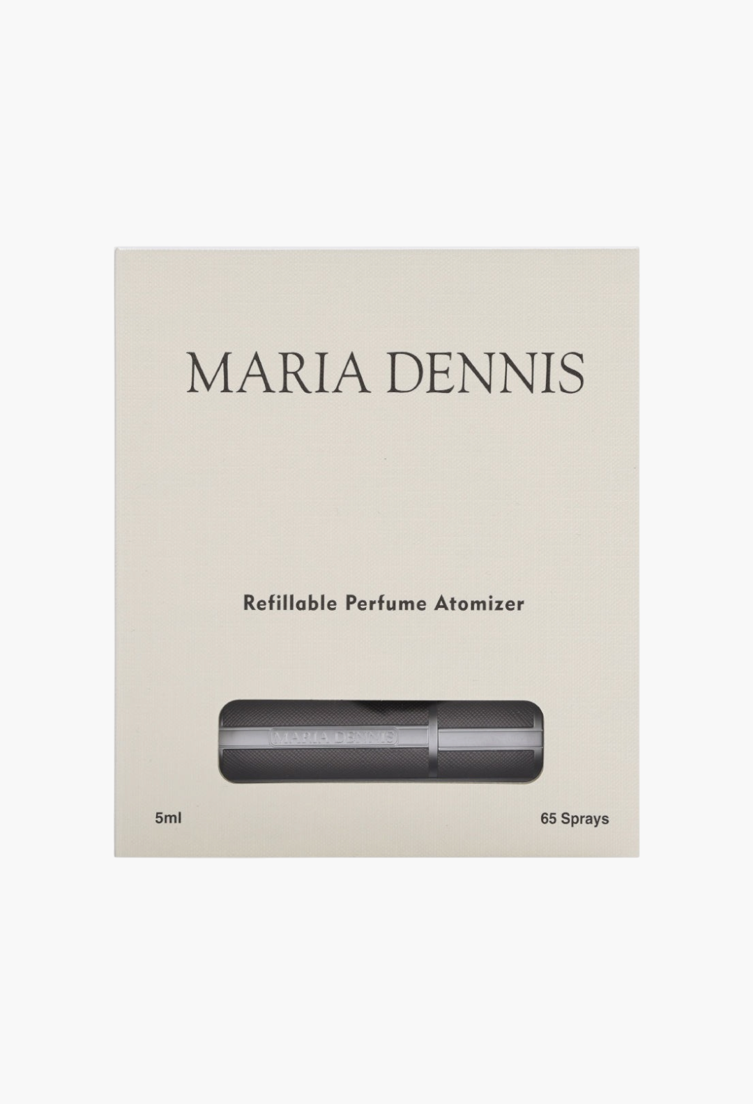GLAM MODA Maria Dennis 5ml refillable perfume atomizer in sleek black packaging, perfect for travel.
