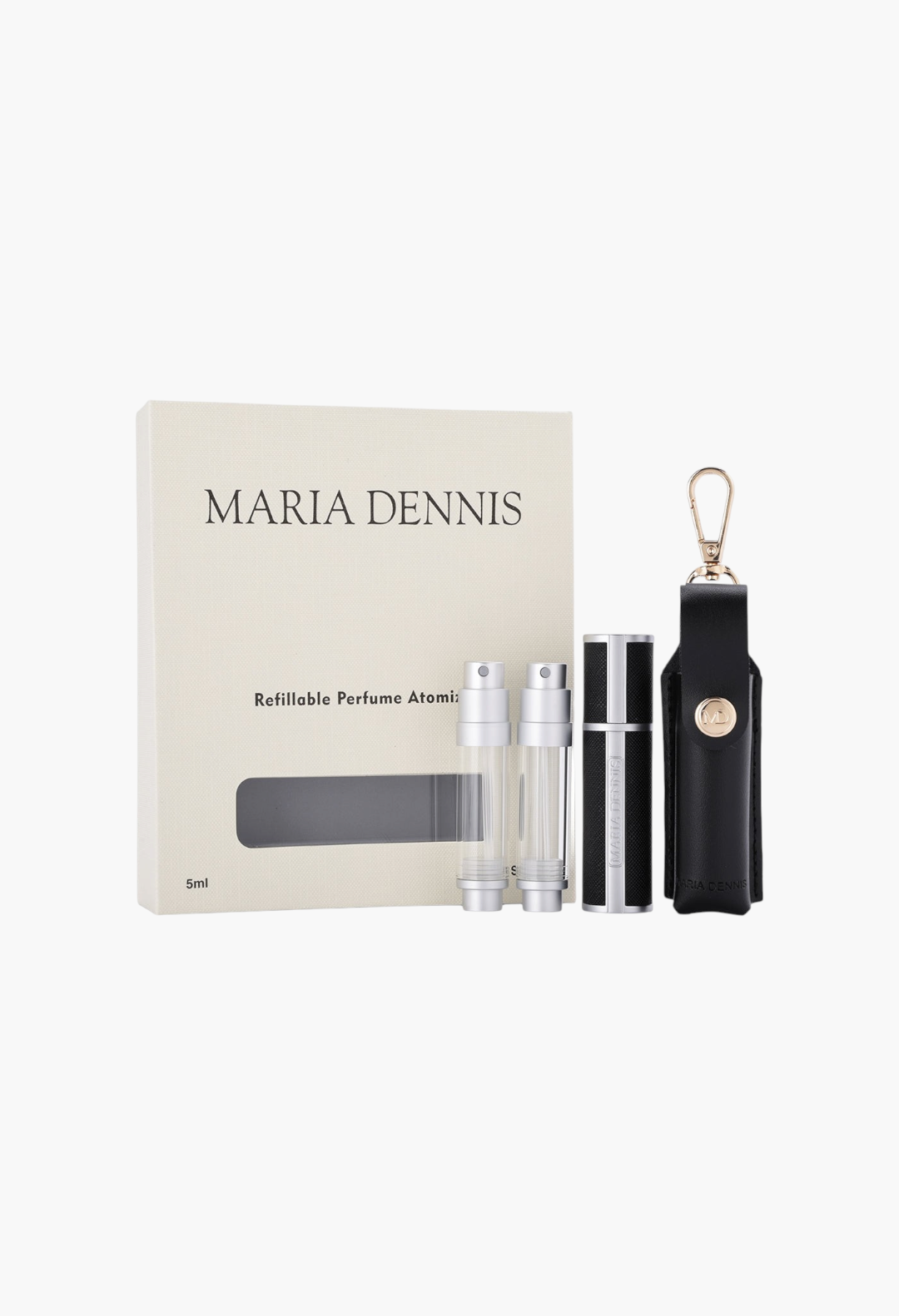 GLAM MODA Maria Dennis 5ml refillable perfume atomizer set with black leather case and travel spray bottles