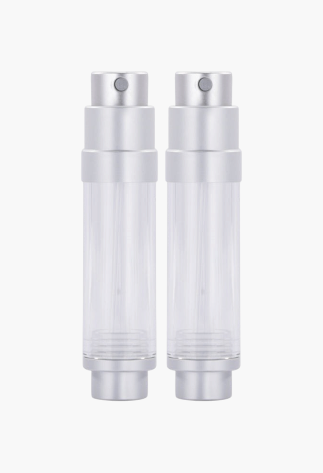 GLAM MODA refillable perfume atomizer spray bottles in silver and clear, compact travel-sized fragrance containers.