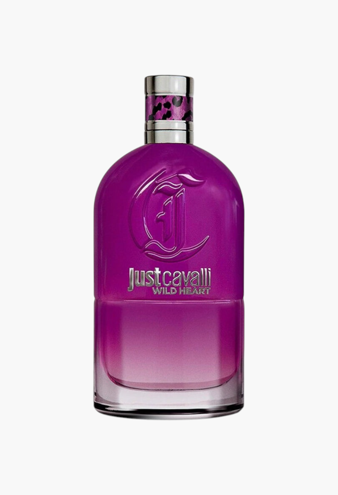 GLAM MODA Just Cavalli Wild Heart Eau de Parfum in a vibrant purple glass bottle with a leopard print collar