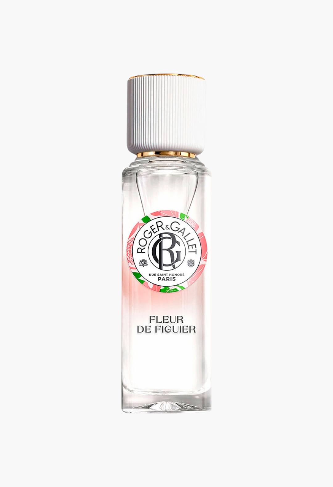 GLAM MODA Roger & Gallet Fleur de Figuier wellbeing fragrant water in a clear glass bottle with a white cap.