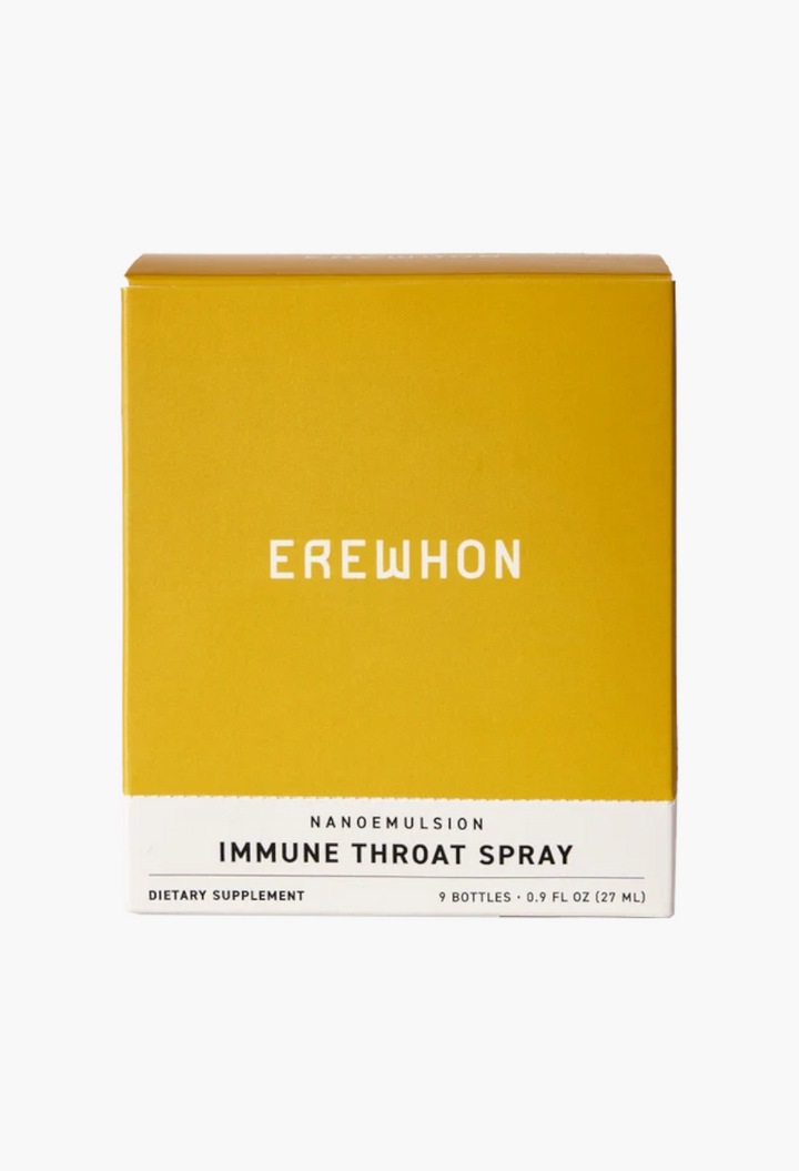GLAM MODA Erewhon Immune Throat Spray box in yellow and white featuring nanoemulsion formula for immune support.