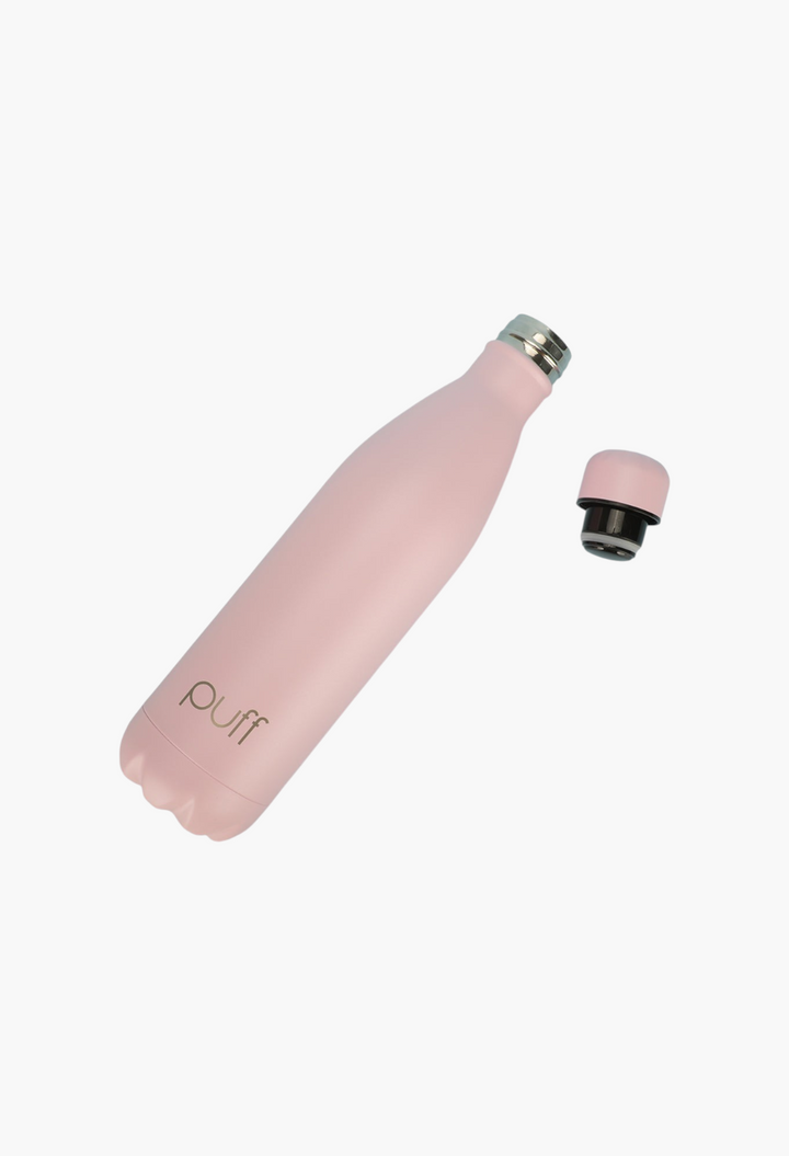 GLAM MODA matte baby pink insulated stainless steel Puff Bottle with a spill-resistant cap and wide opening.