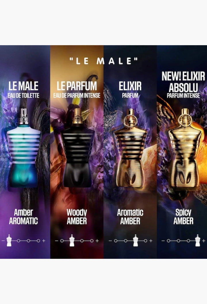 Jean Paul Gaultier Le Male Elixir with translucent amber sailor bottle