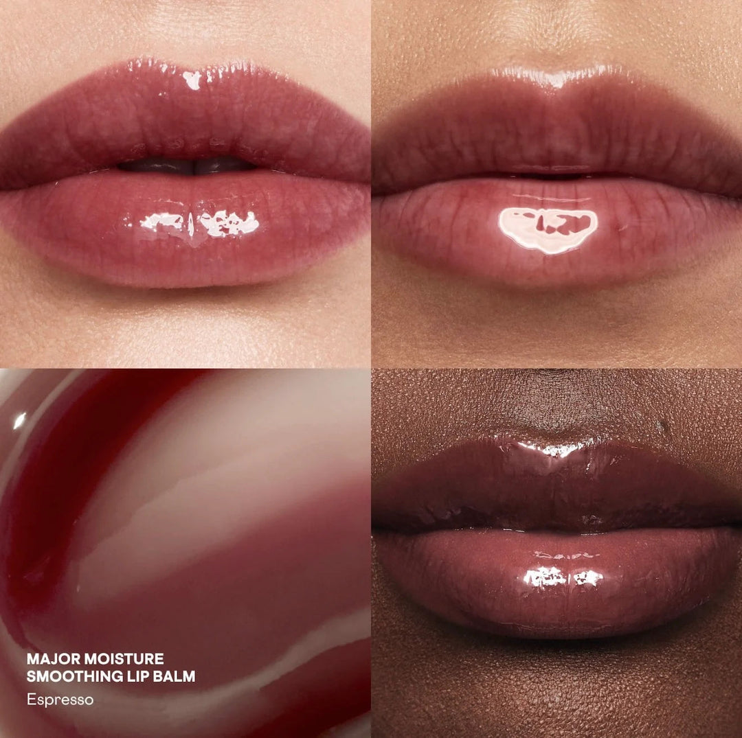GLAM MODA PATRICK TA Major Moisture smoothing tinted lip balm in Espresso shade showing glossy finish on various skin tones