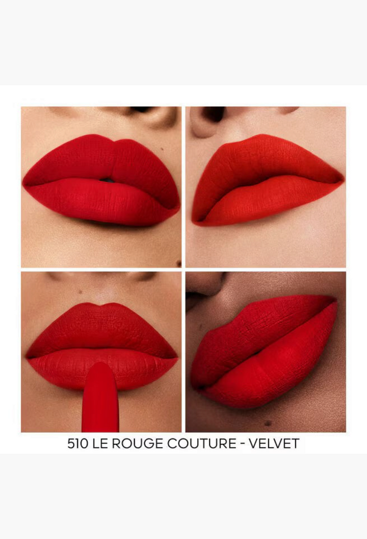GLAM MODA Rouge G velvet matte lipstick in 510 Le Rouge Couture shade shown in four different lip application views.