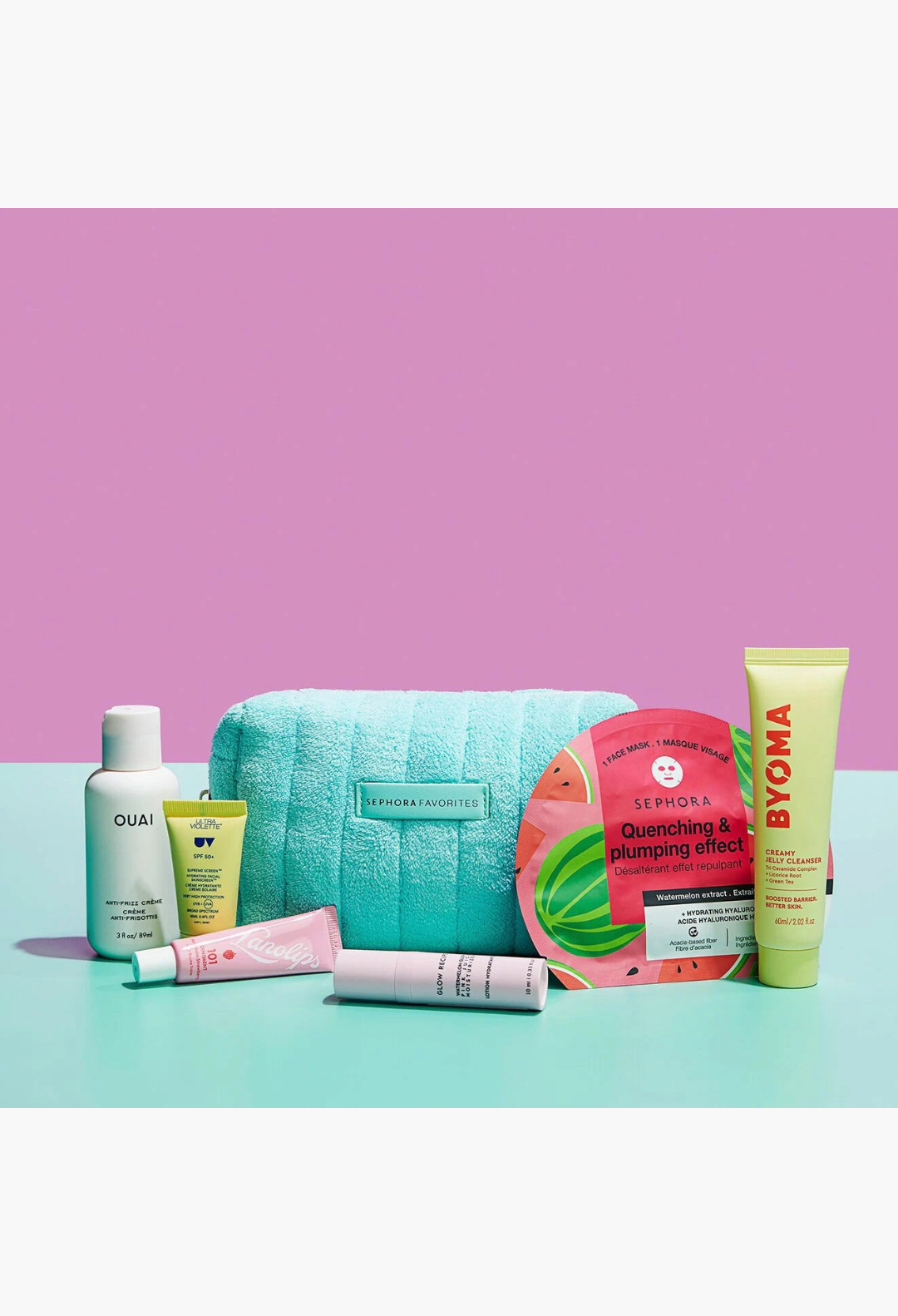 GLAM MODA Care Crew beauty set featuring skincare and haircare minis in a light blue textured pouch on a pink background