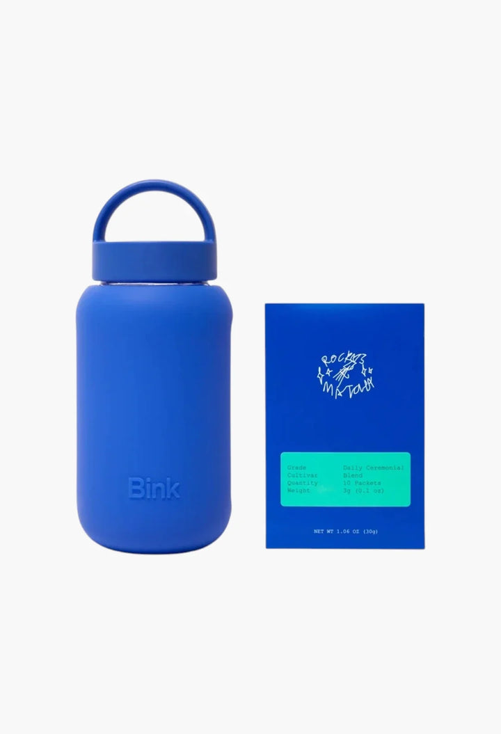 Rocky's Matcha Daily Ceremonial Bundle with single-serve packets and Bink Mini Bottle in Cobalt
