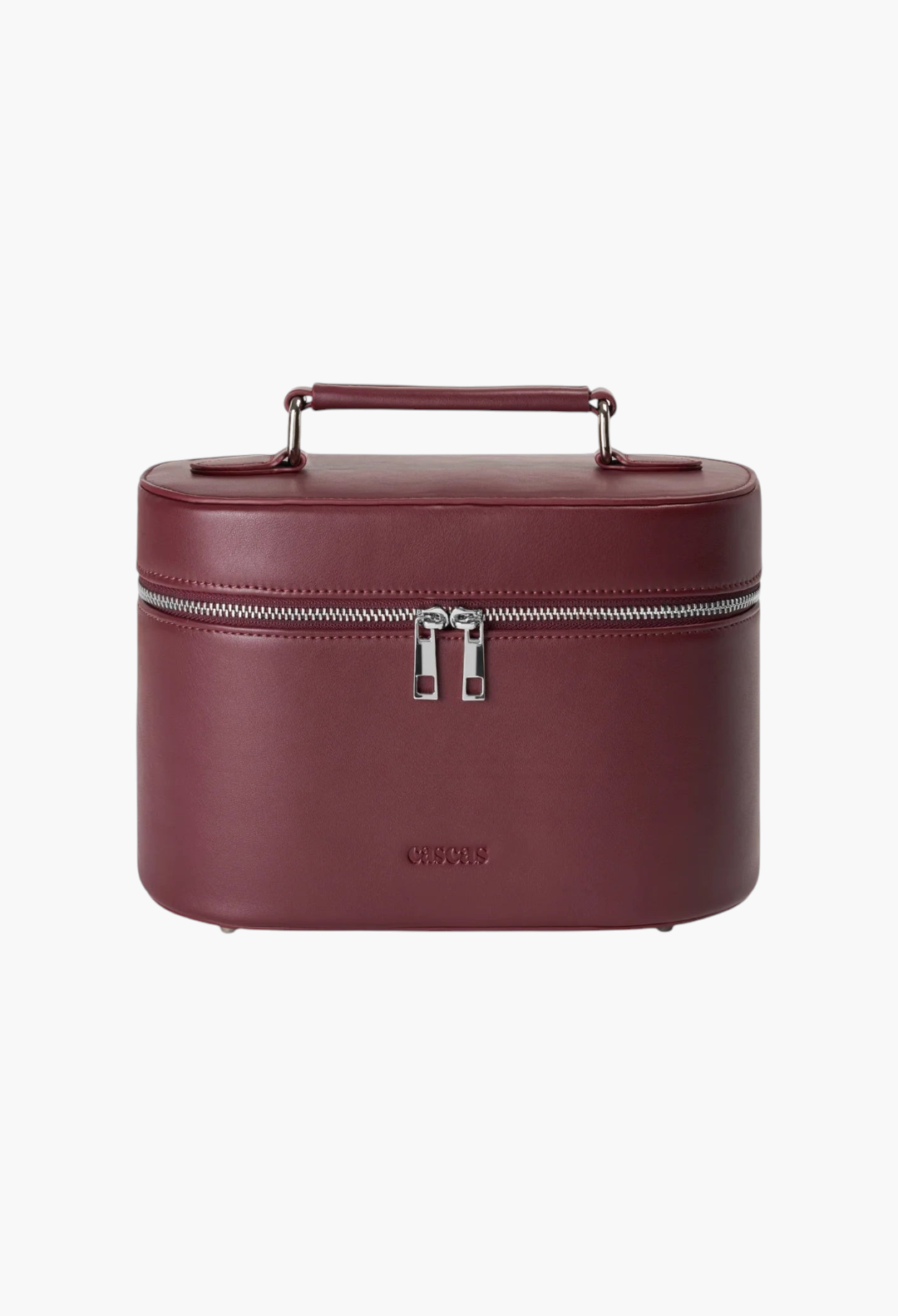 GLAM MODA oval espresso brown vegan leather vanity case with silver hardware and top handle