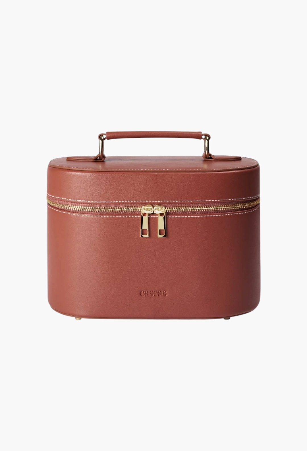 GLAM MODA oval espresso brown vegan leather vanity case with gold zipper hardware and a top handle.