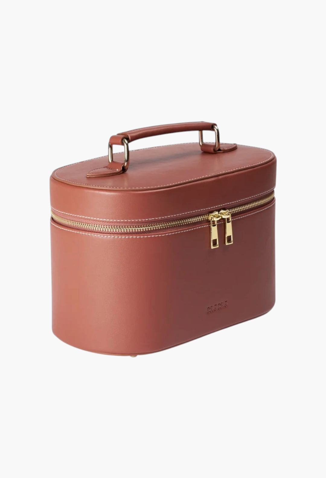 GLAM MODA espresso brown oval makeup vanity case in premium vegan leather with silver hardware and top handle.