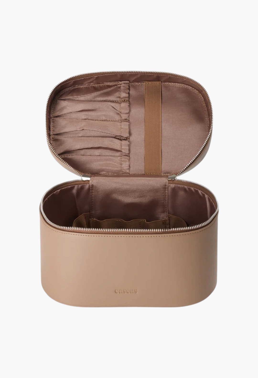 GLAM MODA espresso brown vegan leather vanity case with silver hardware and an open interior featuring brush slots.