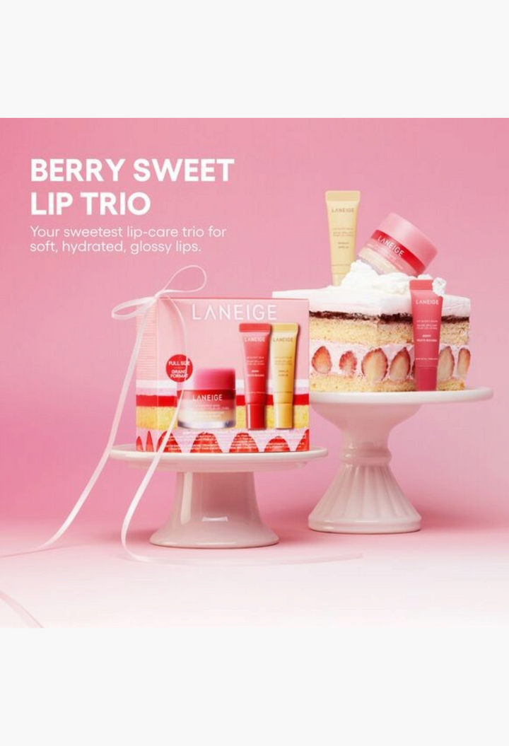 GLAM MODA Laneige Berry Sweet Lip Trio set featuring a sleeping mask and two glowy balms displayed on a cake stand.