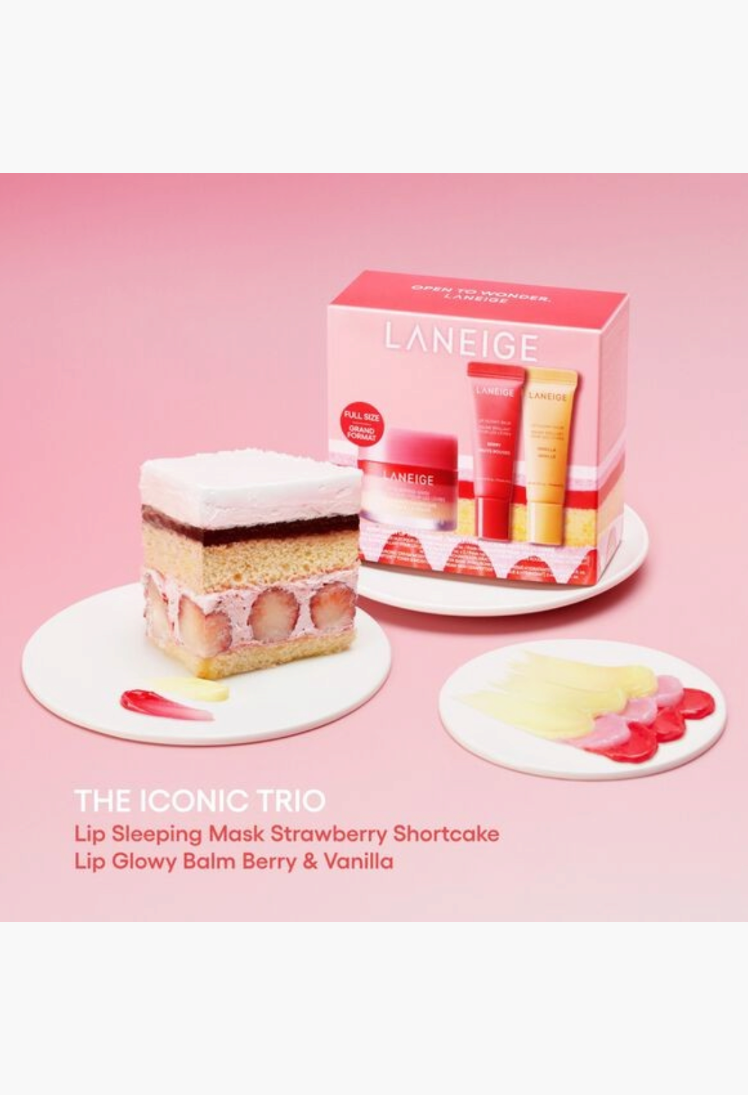 GLAM MODA Laneige Berry Sweet Lip Trio set featuring a strawberry shortcake slice and lip product swatches