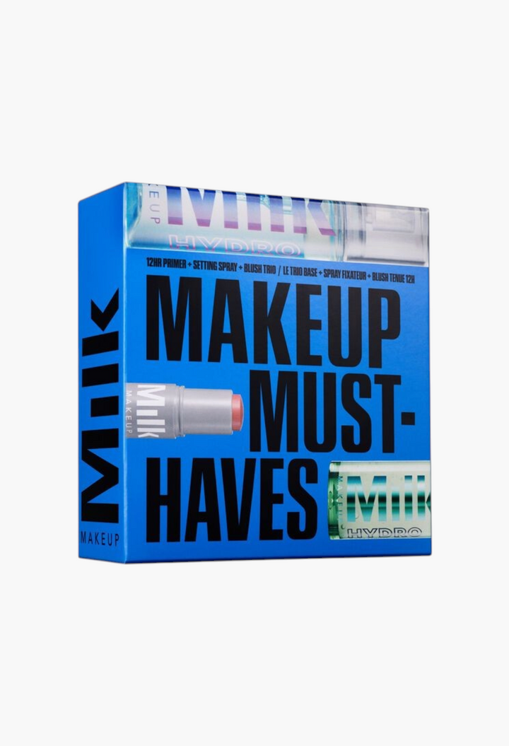 GLAM MODA Milk Makeup Must Haves set featuring mini Hydro Grip primer, setting spray, and a lip and cheek tint.