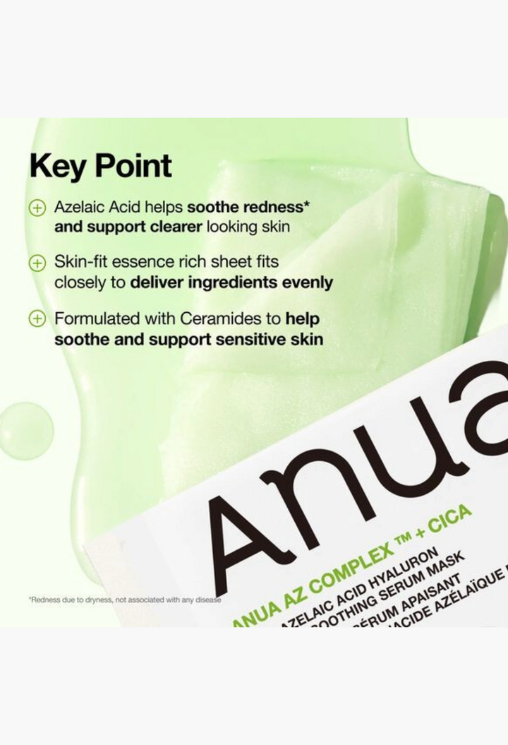 GLAM MODA Anua Azelaic Acid Hyaluron soothing sheet mask packaging with key benefits listed on a light green background