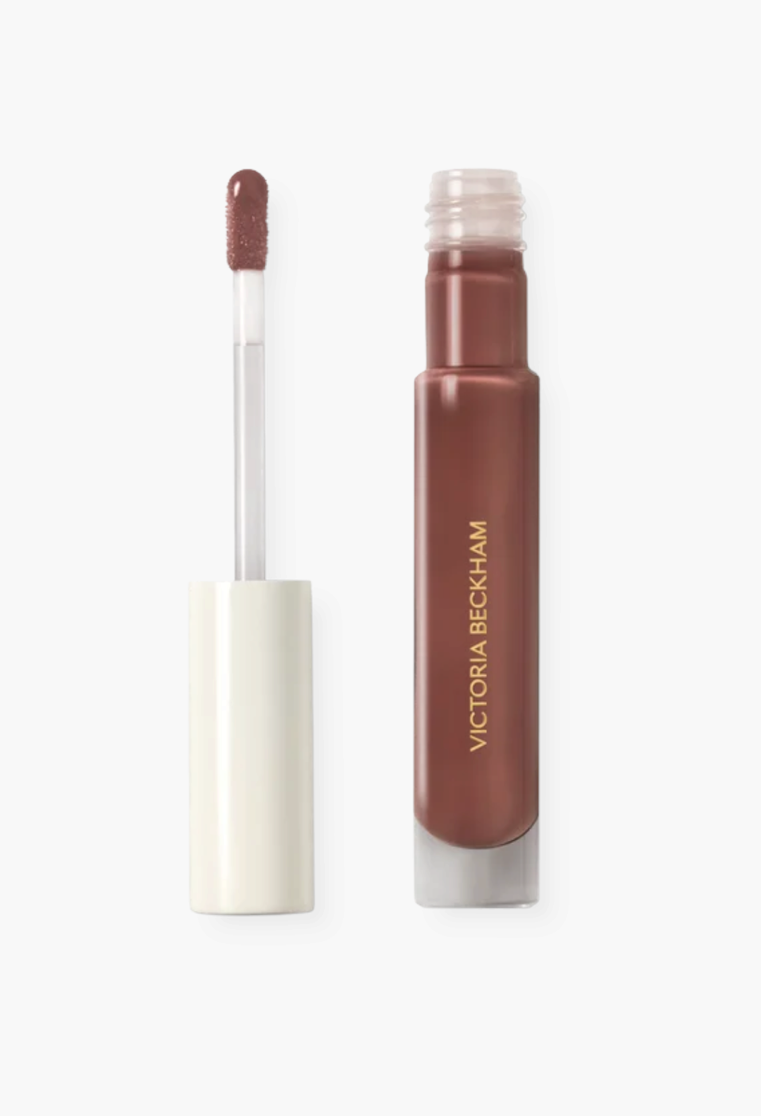 GLAM MODA Posh Gloss high-shine lip gloss in a warm brown shade with a doe-foot applicator and sleek glass tube.