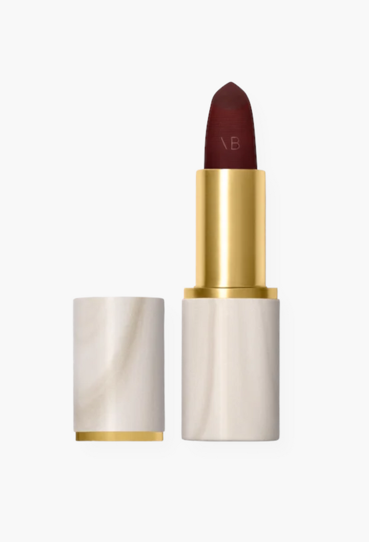 GLAM MODA Rouge Victoria matte lipstick in a deep red shade with a unique polished alabaster magnetic case.