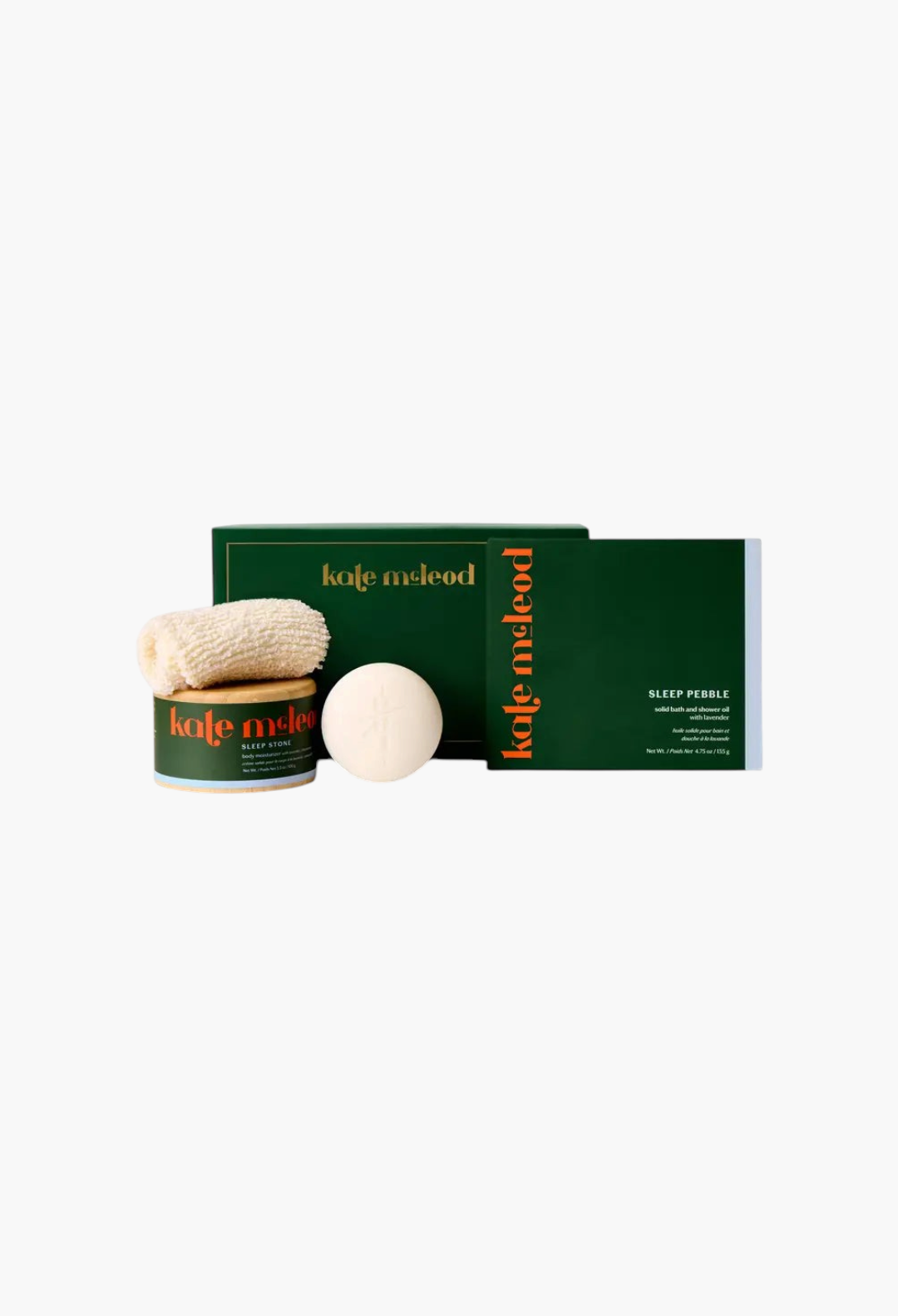 GLAM MODA Sleep Ritual Set including a solid body moisturizer, solid bath oil, and a sisal washcloth in green boxes.