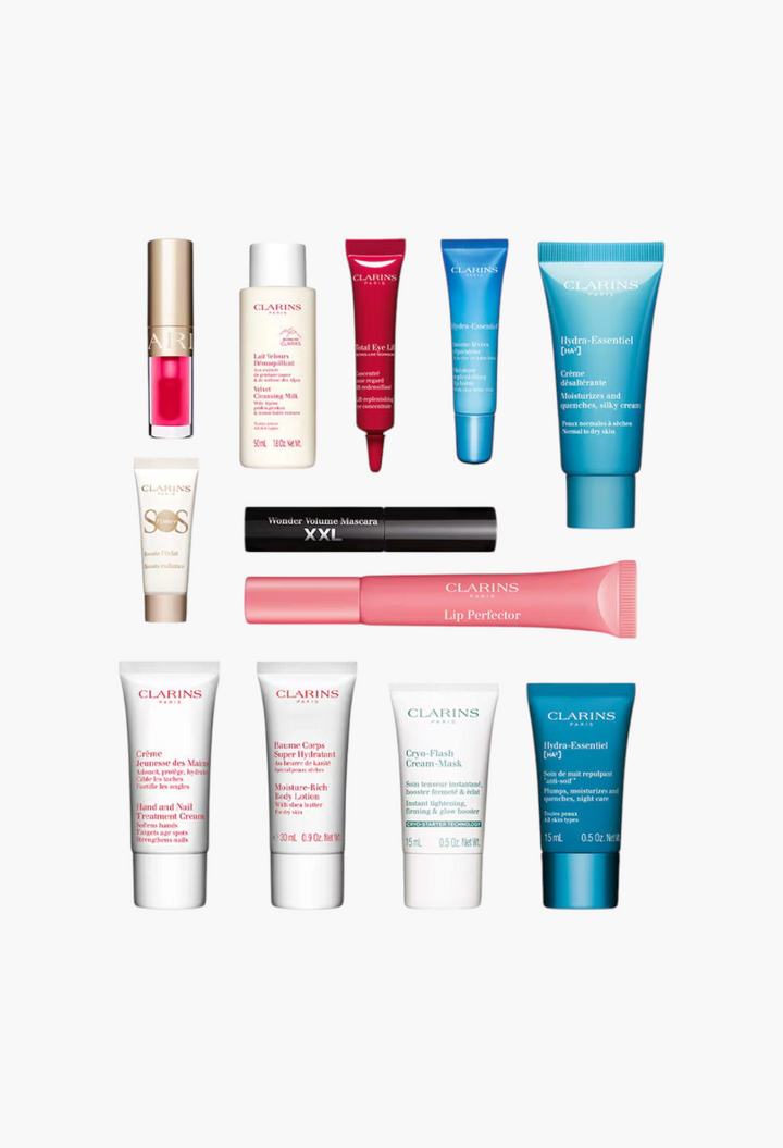 GLAM MODA 12-Day Beauty Advent Calendar featuring a collection of Clarins skincare, lip products, and mascara tubes.