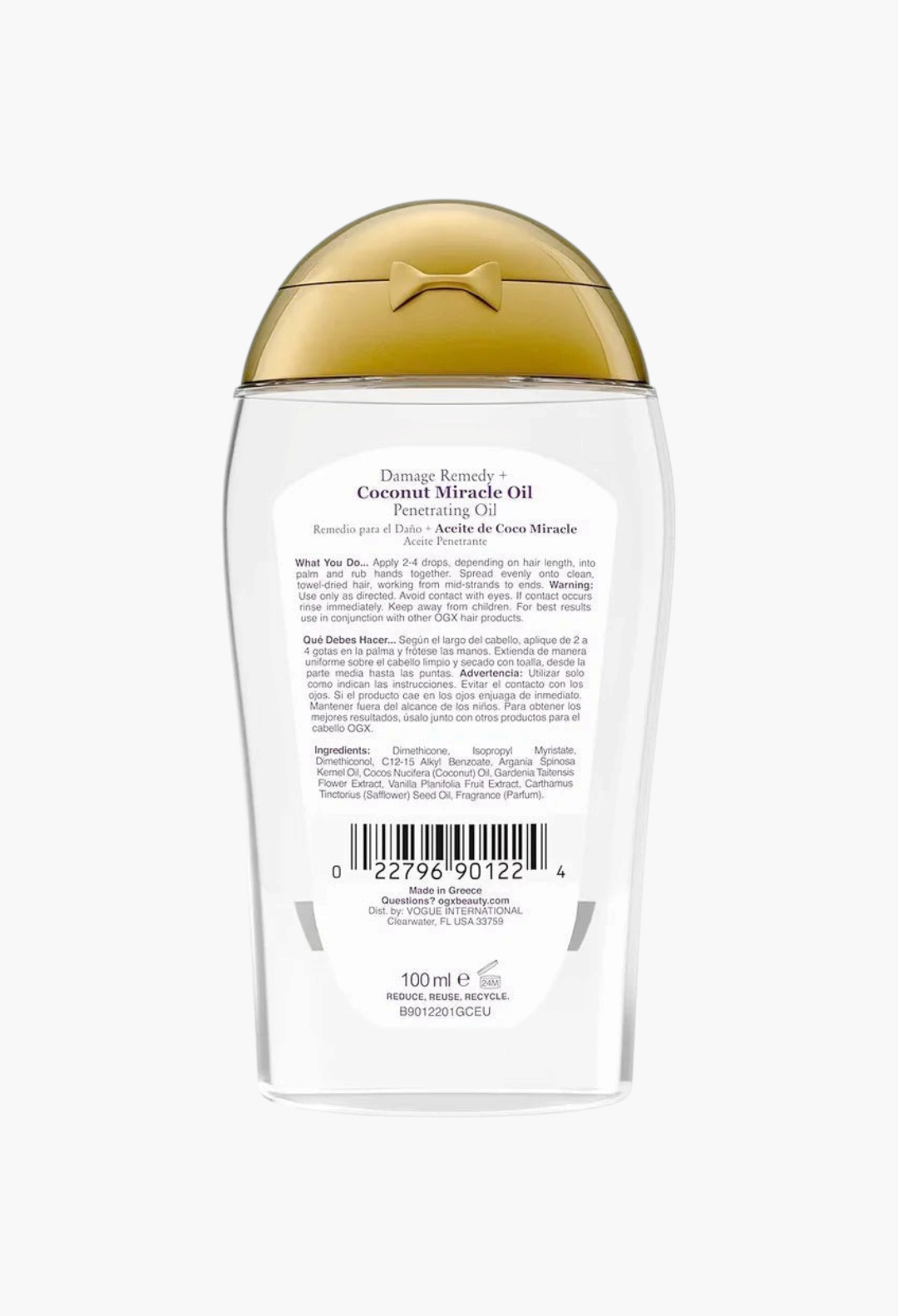 GLAM MODA OGX Coconut Miracle Oil hair treatment bottle back view showing ingredients and usage instructions