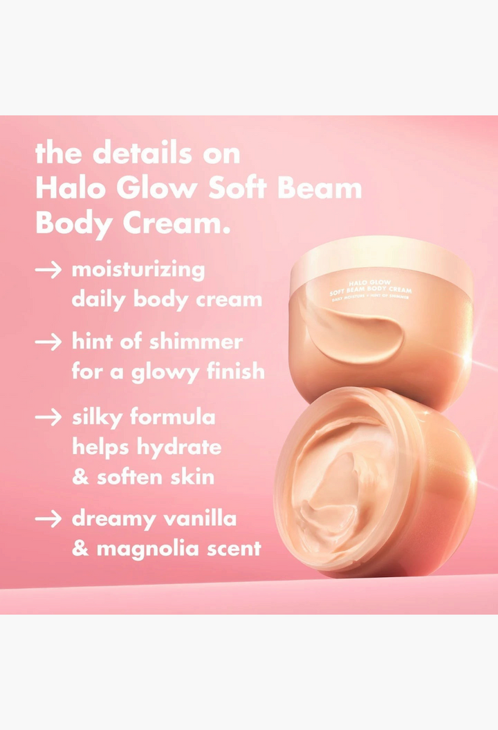 GLAM MODA Halo Glow Soft Beam Body Cream in a jar with a shimmering, silky moisturizing formula on a pink background.