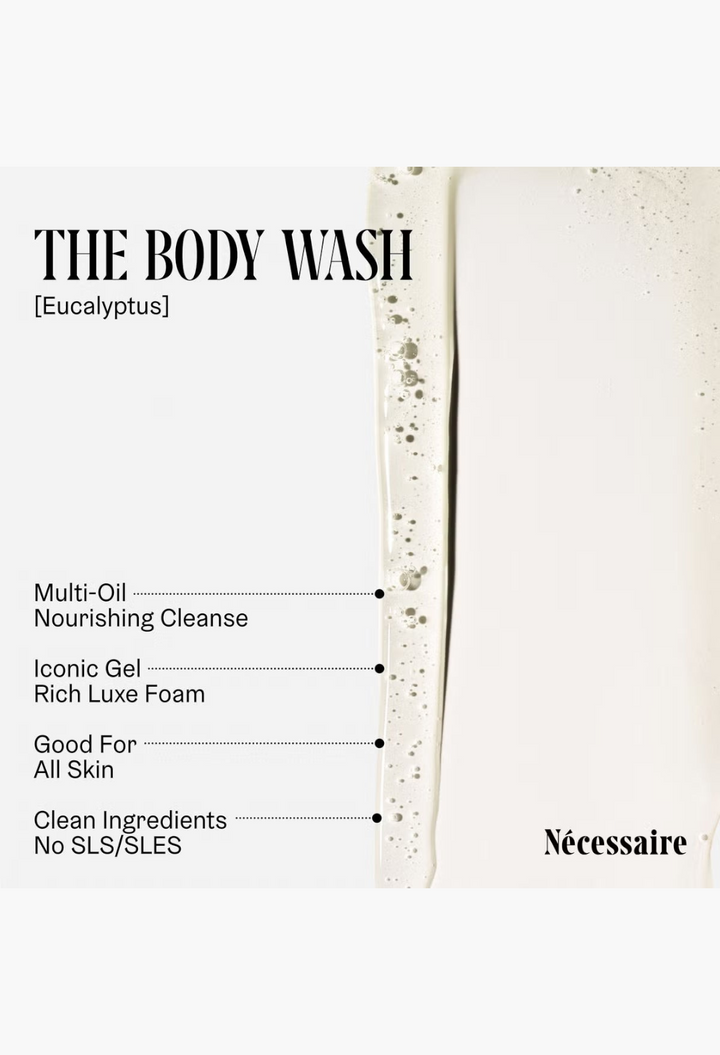GLAM MODA Nécessaire The Body Wash Eucalyptus gel texture showing multi-oil nourishing formula and clean ingredients