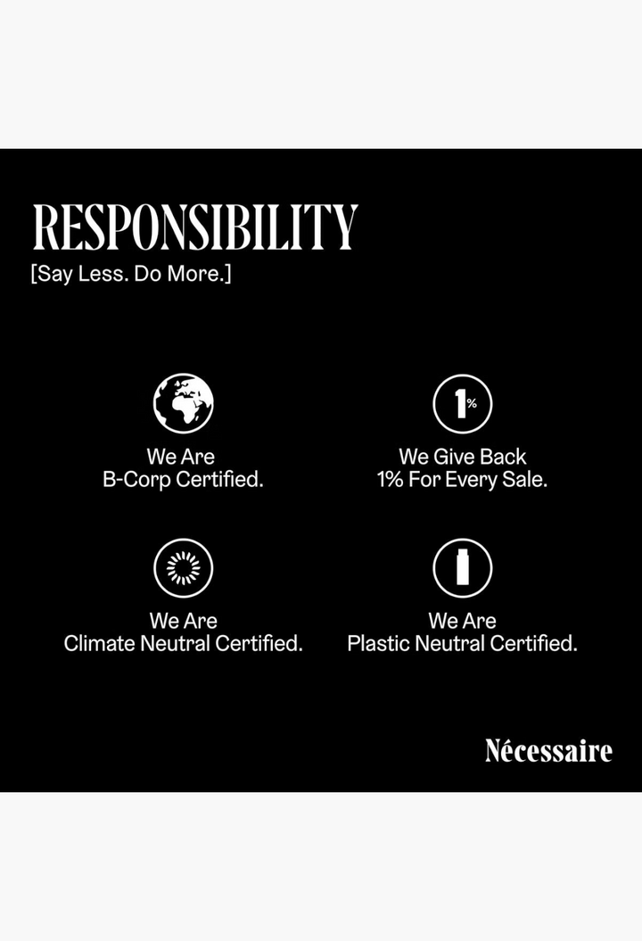 GLAM MODA Nécessaire sustainability infographic showing B-Corp, Climate Neutral, and Plastic Neutral certifications.