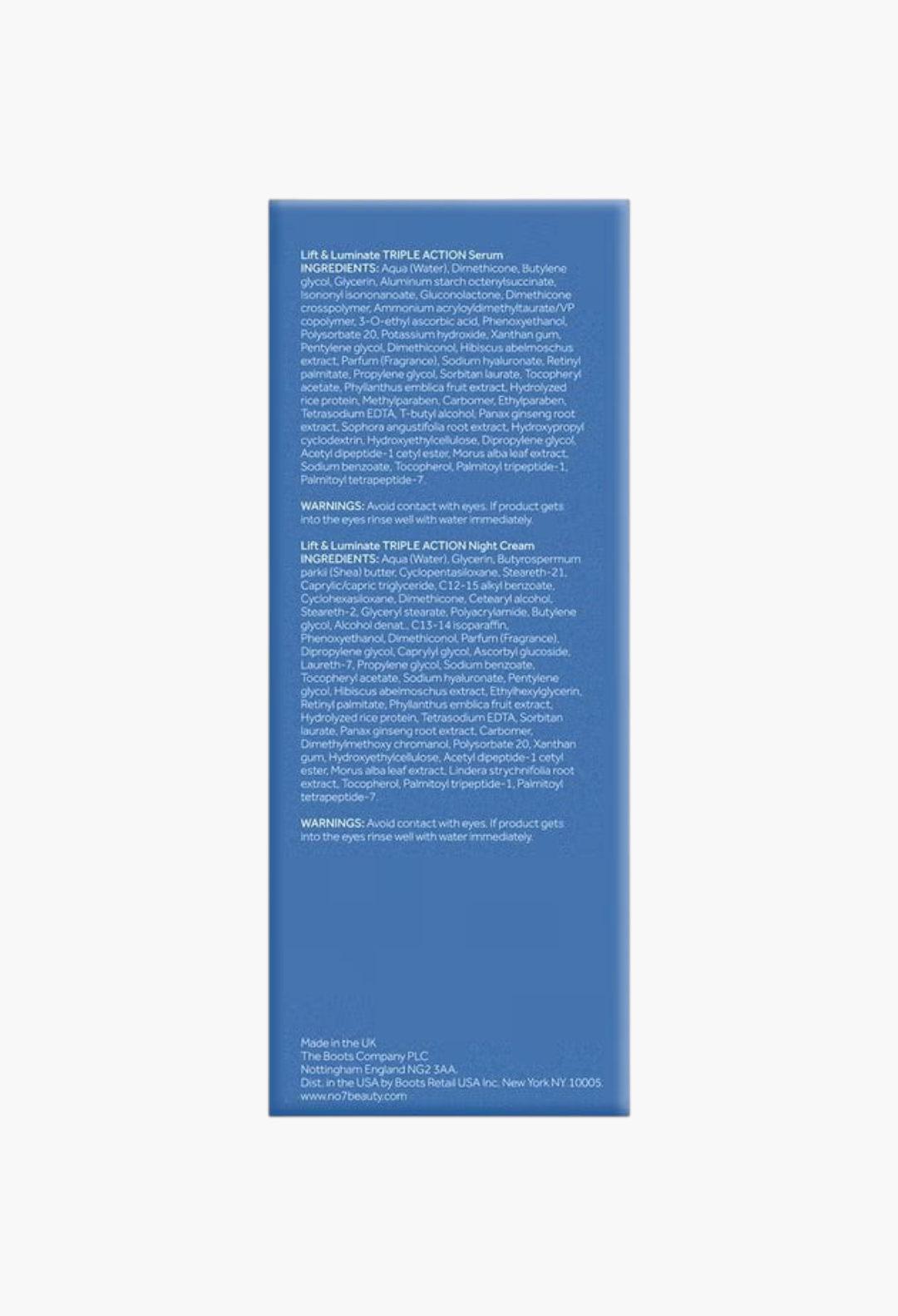 GLAM MODA No7 Lift & Luminate skincare product ingredient list and usage warnings on blue packaging back panel