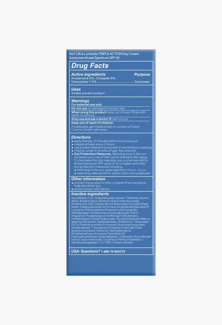 GLAM MODA No7 Lift & Luminate day cream drug facts label showing active ingredients and usage instructions