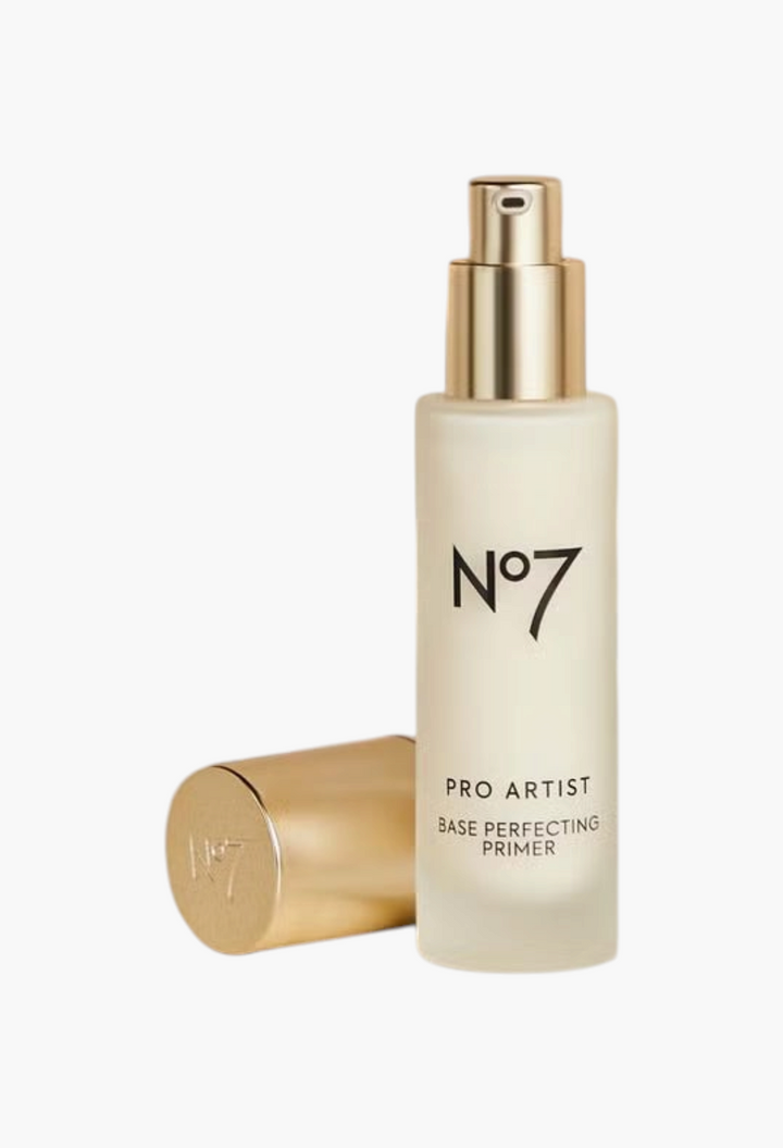 GLAM MODA No7 Pro Artist Base Perfecting Primer in a frosted glass bottle with a gold pump and matching cap