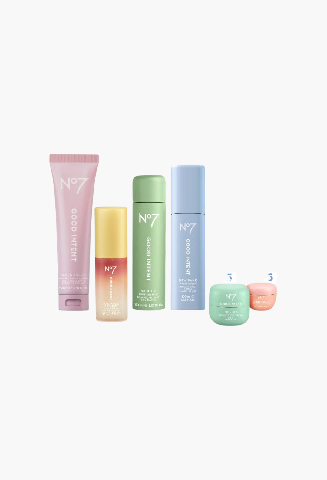 GLAM MODA No7 GOOD INTENT skincare collection featuring cleanser, serum, moisture milk, water cream, and eye creams.