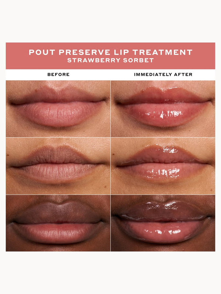 GLAM MODA Pout Preserve Lip Treatment in Strawberry Sorbet showing before and after application on three skin tones.