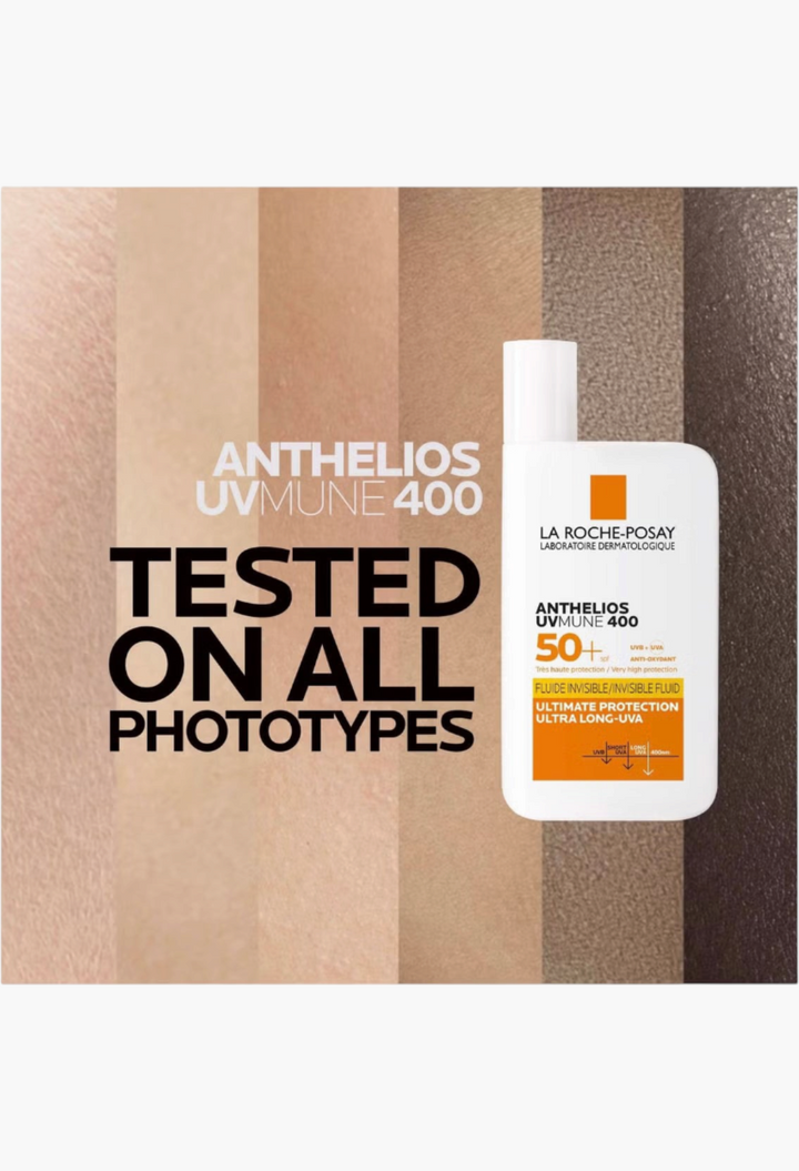 GLAM MODA La Roche-Posay Anthelios UVMune 400 SPF 50+ invisible fluid sunscreen bottle with product text overlay