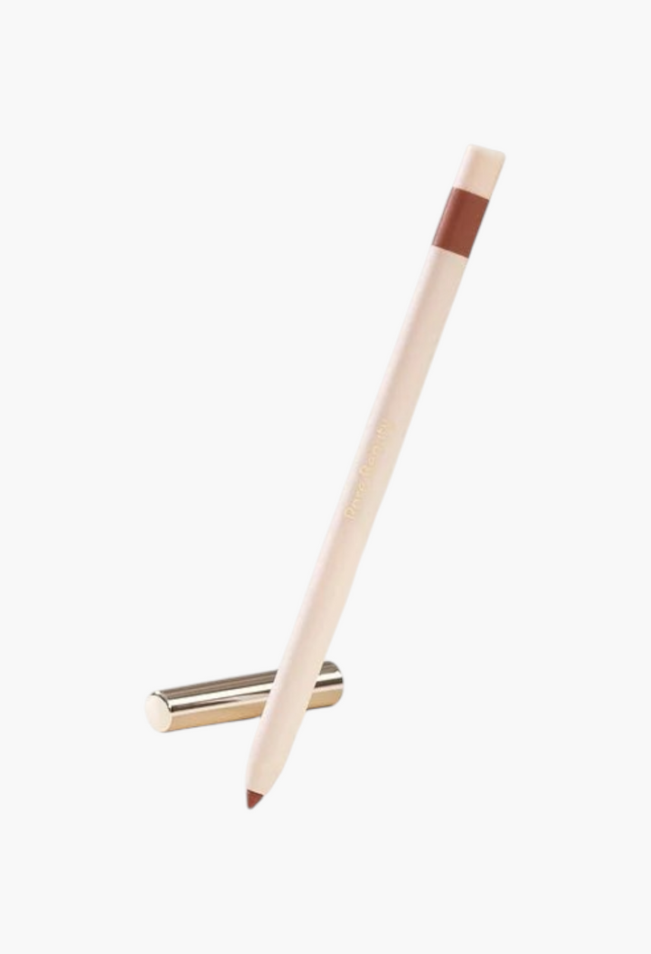 GLAM MODA Kind Words matte lip liner in a warm brown nude shade with a metallic gold cap on a white background.